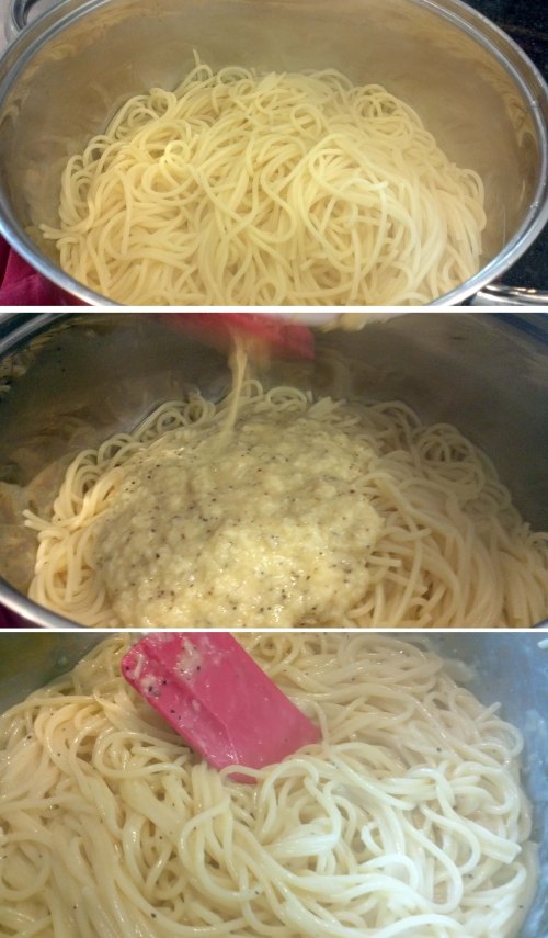 Mixing pasta with eggs