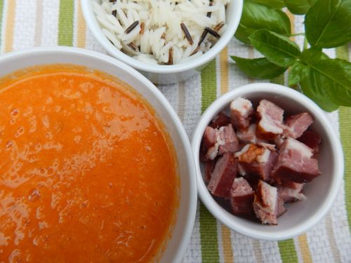 Fresh Tomato Soup with Crispy Pork Bits and Wild Rice.