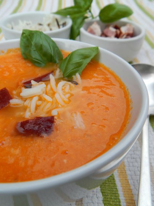 Fresh Tomato Soup with Crispy Pork Bits and Wild Rice