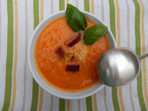 Fresh Tomato Soup with Crispy Pork Bits, Basil  and Wild Rice