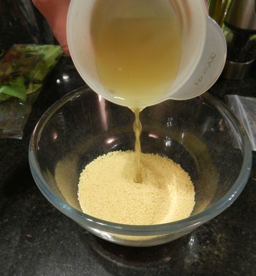 Honey Saffron Chicken with Mint & Orange Couscous - couscous preparation