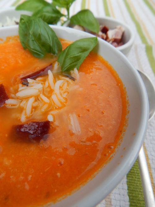 my Fresh Tomato Soup with Crispy Pork Bits and Wild Rice.