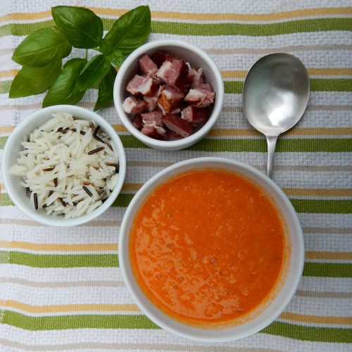 My Fresh Tomato Soup with Crispy Pork Bits and Wild Rice