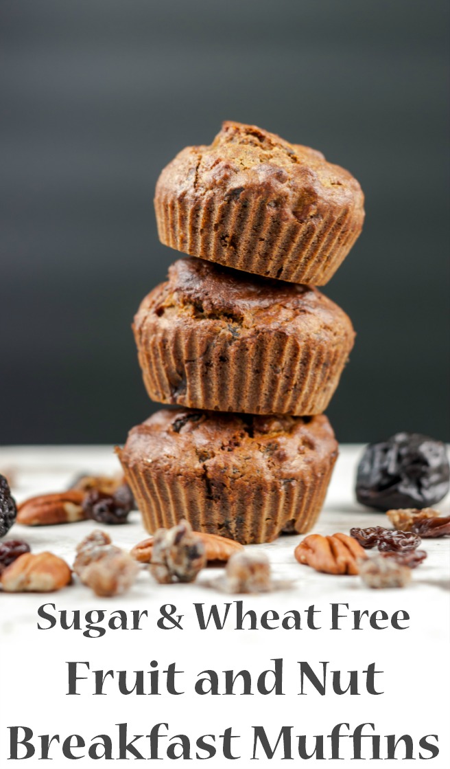Sugar & Wheat Free Fruit and Nut Breakfast Muffins. Packed with fruit and nuts these sugar and wheat free muffins will provide a good nutritional start to any day. 