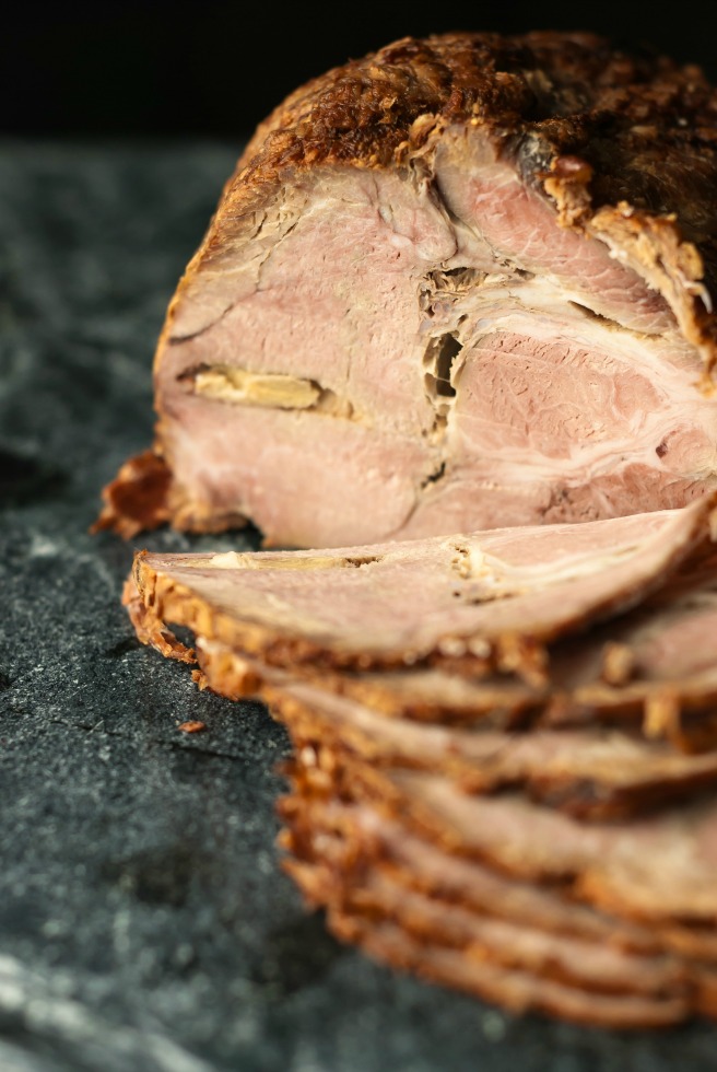 Foolproof Homemade Ham. It might not be a very sophisticated recipe, there is no brining and no glazing but if you buy a proper quality piece of meat, ideally from your local butcher, you will understand why it is so good. The real taste of meat, slightly enhanced with salt, pepper and garlic… trust me, if the quality of meat is good, this is all you need to make it work.