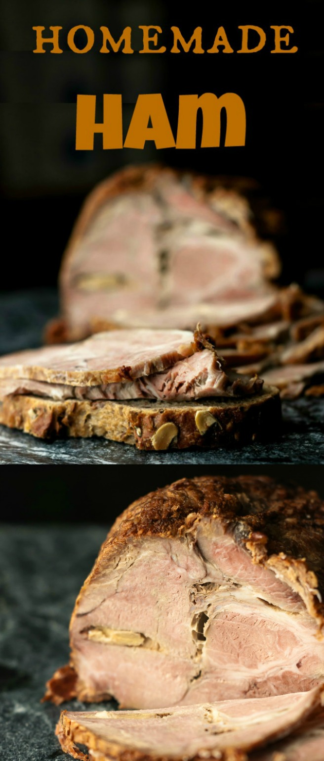 Foolproof Homemade Ham. It might not be a very sophisticated recipe, there is no brining and no glazing but if you buy a proper quality piece of meat, ideally from your local butcher, you will understand why it is so good. The real taste of meat, slightly enhanced with salt, pepper and garlic… trust me, if the quality of meat is good, this is all you need to make it work.