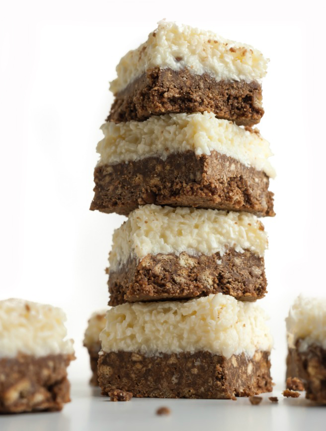 This super easy, totally fool-proof dessert will be perfect for any coconut lover. Sweet, chewy coconut goodness set over a crunchy chocolate flavoured base… simple perfection! 