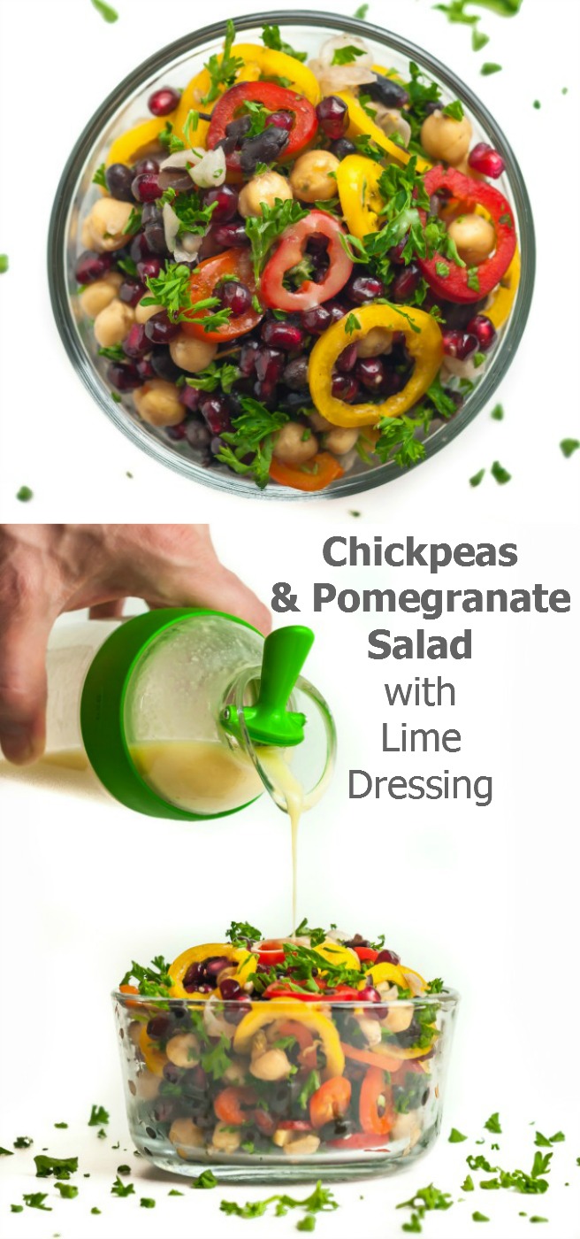 Super quick and easy, this colourful and delicious summer salad will surprise you with its flavour combinations – juicy pomegranate, crunchy peppers and soft chickpeas combine with sour lime, sharp mustard and sweet honey… and this is only the beginning…