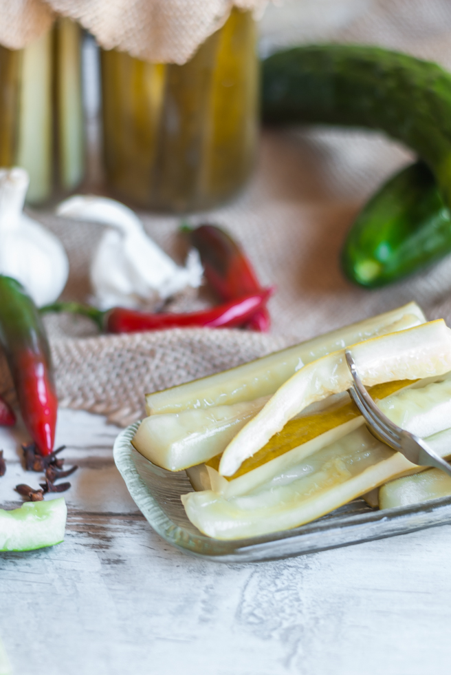 Crisp with a lovely vinegary bite and a slight chilli kick, these pickled cucumbers sticks will light up any meal.